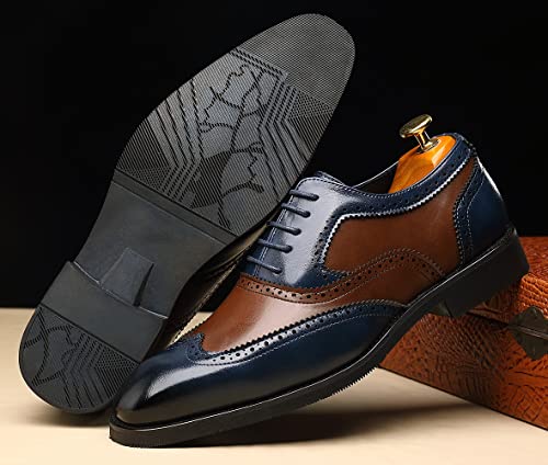 Santimon Wingtip Leather Dress Shoes for Men Brown Antique & Blue Italian Formal Oxfords 7
