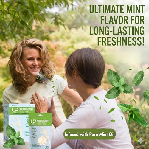Image of Dental Floss Picks (220 Count) - Mint Flavored Tooth Flossers, Thin Single Thread Floss, Shred-Resistant Smooth Glide for Plaque Removal, Wheat-Straw Handle | Travel Case Holds up to 10
