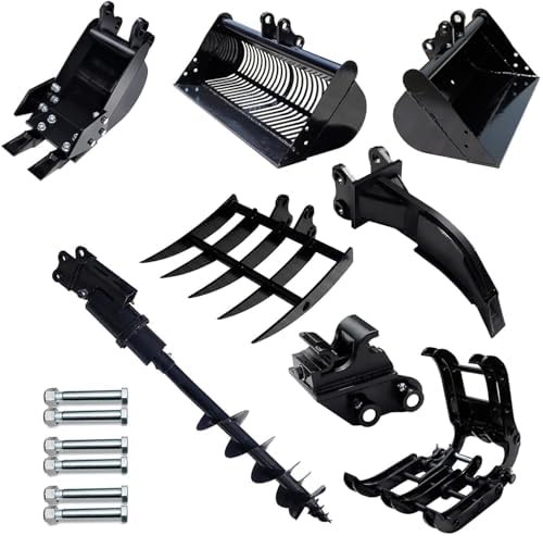 8pcs Mini Excavator Attachments Set with 8’’ Narrow Bucket, 8’’ Auger, 24’’ Flat Bucket, 32’’ Screening Bucket, Quick Coupler, Ripper, Rake, Grapple for 0.8-1.8T Digger, Includes Delivery & Unloading