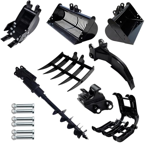 Contenuto della confezione: il pacchetto di accessori per mini escavatori comprende: attacco rapido, cucchiaio per escavatore stretto, dente di dragaggio, rastrello radice, cucchiaio per livellare (600 mm), trivella (300 mm), pinza, cucchiaio da 800 mm e 6 perni intercambiabili