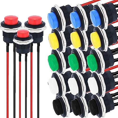 RUNCCI-YUN 18Pcs 16mm Bouton Poussoir 12v Mini Interrupteur SPST on/Off pour Arduino, Trompette de Voiture, PC, Lampe de Table, Sonnette de Maison