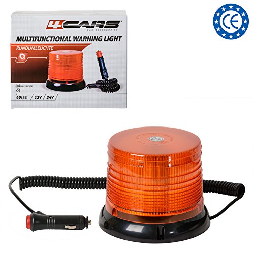 4CARS Girofaro, Luz de Emergencia, 40 LED Luz de Advertancia, Base magnética, Enchufe del Encendedor 12 V / 24 V