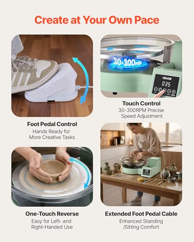 Image of VEVOR Pottery Wheel for Adults, 11 inch Aluminum Turntable, 450W Electric Table Top Pottery Wheel with Foot Pedal, 30-300 RPM Adjustable Speed, Detachable Basin, for Beginners, DIY Clay Art Craft, Green