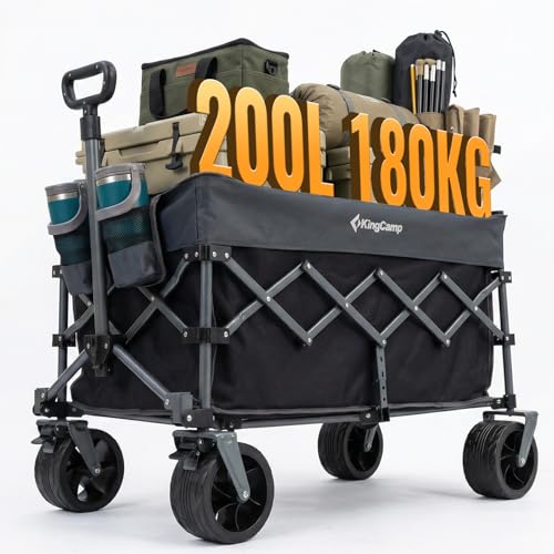 KingCamp 200L Bollerwagen Faltbar Schwerlast Transportwagen bis 180 kg 7in Allrad Breitreifen Strandwagen Klappbar Kleiner Handwagen für Angeln Shopping Garten Haustiere und Picknick