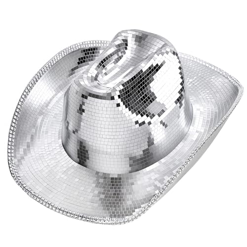 ZAEFTUK Cowboy Hat for Women and Men - Disco Mirror Cowgirl Hat for Music Festivals Concerts Western Party Silver
