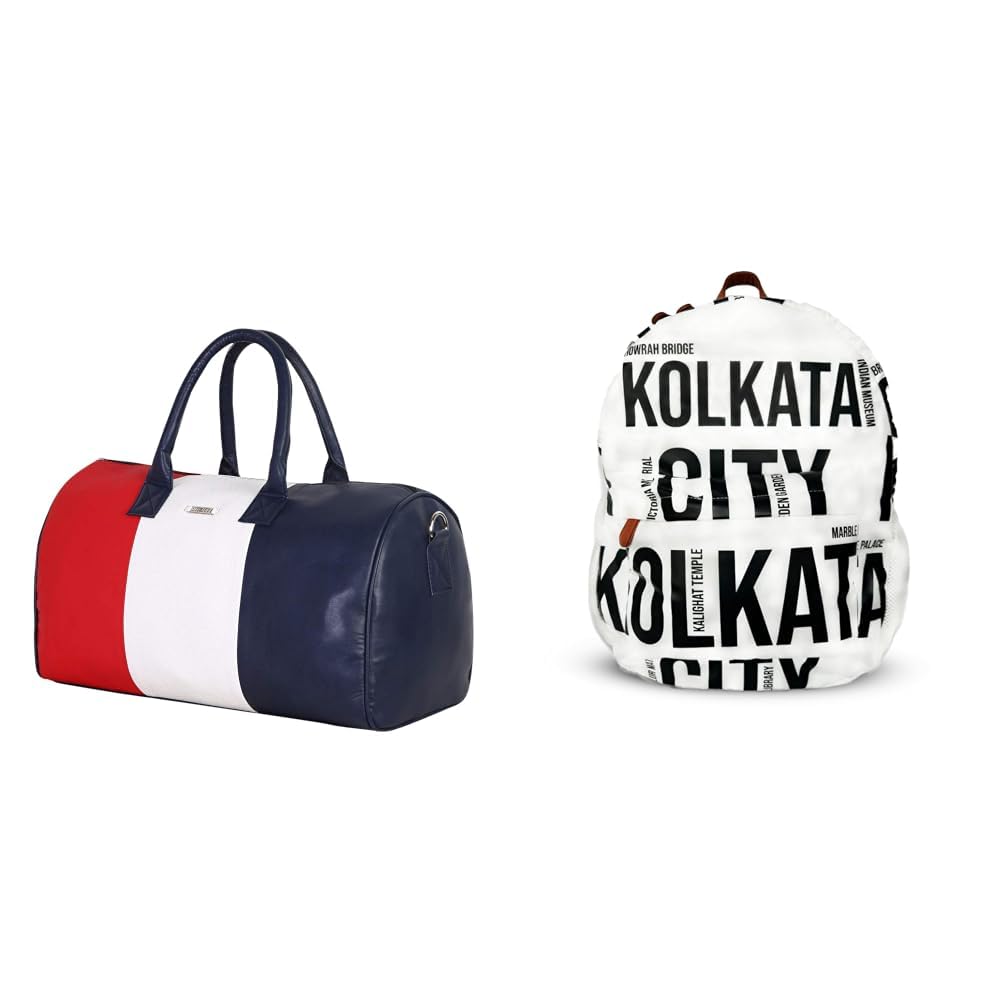 Premium Leatherette Duffel Bag for Travel for Men and Women (Red, White and Blue) + Air Backpack White Kolkata City Print 20L Lightweight Waterproof Anti-Theft Nylon Laptop Backpack-image-24