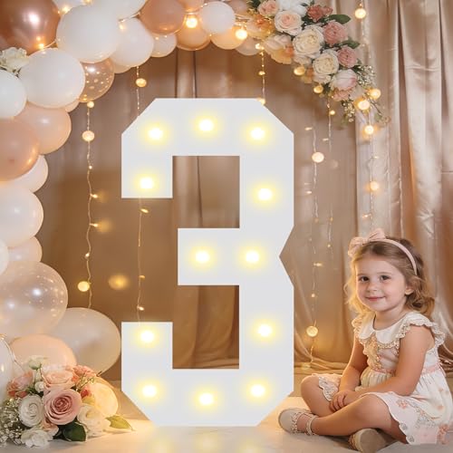 Image of Pooqla 2.4FT Light Up Numbers, Marquee Numbers 2.4 Feet Tall Party Decor for Her Him, Mosaic Big Sign for 3rd 13th 30th Birthday Anniversary Decoration Backdrop, Large Pre-Cut Frame Number 3
