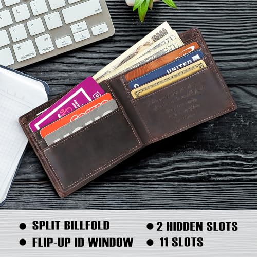 Personalized Wallet for Men – Custom Engraved RFID Blocking Leather Bifold – Slim Front Pocket Wallet with ID Window, 11 Card Slots – Gift for Dad, Husband, & Boyfriend, Brown3