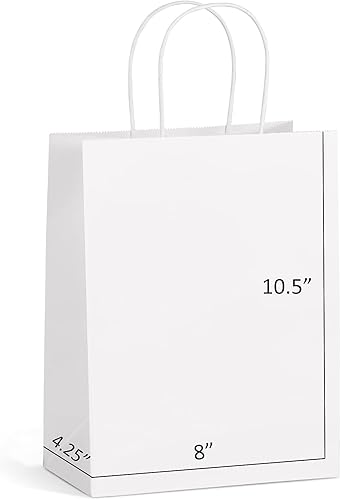 Eupako Bolsas de papel de 8 x 4.25 x 10.5 pulgadas, 100 bolsas de regalo de papel blanco con asas a granel, bolsas de compras de papel kraft, bolsas