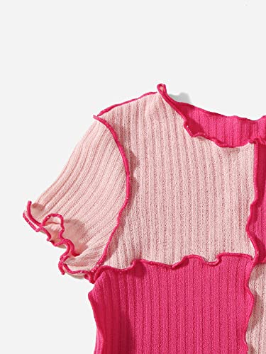 Image of Milumia Girl's Rib Knit Color Block Crop Tee Short Sleeve Lettuce Trim Crewneck Tshirt