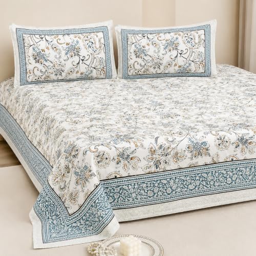 Image of ElanorHomes King Size Cotton Bedsheet for Double Bed, Pure Cotton Bed Sheet King Size, 90 x 108 King Bedsheet with 2 Pillow Covers, Soft Breathable Printed Bed Linen (Blue Floral Print)