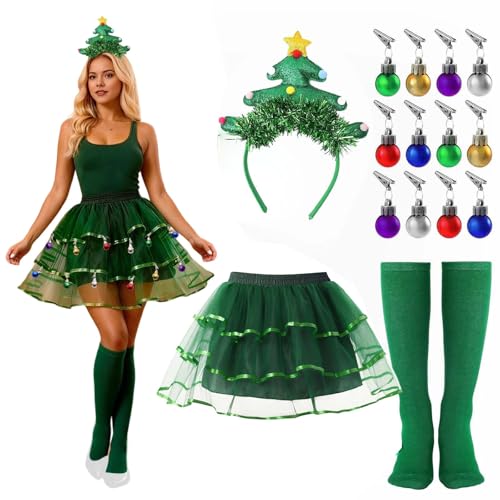 Weihnachtsbaum Kostüm Damen Tannenbaum Kostüm 5 Stück Haarreif Tannenbaum Tütü Rock Grün Kniestrümpfe Weihnachtsbrillen Weihnachtskugeln Clips für Weihnachten Party Cosplay