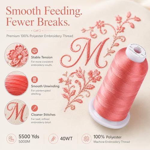 Image of Simthread 5500Yds /5000M 40WT Polyester Embroidery Thread Deep Rose 086 | High-yardage 5000M spool offers smooth feeding and stable 40WT polyester thread for home and commercial embroidery machines.