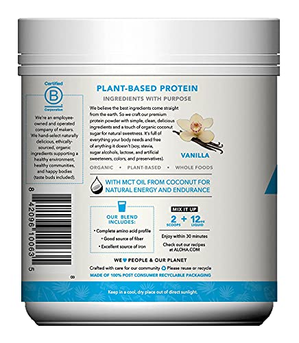 Image of ALOHA Organic Plant Based Protein Powder, Stevia Free, Vanilla, 19.6 oz, 15 Servings PACKAGING MAY VARY