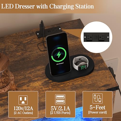 Image of Wodeer Brown Dresser 6 Drawer Dressers for Bedroom with LED Lights, Charging Station, Wood Chest of Drawers with Metal Handles, Modern TV Stand Storage Cabinet for Living Room, Hallway, Entryway