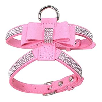 Vivi Bear Dog Harness Collar Bling Diamond Glitter Crystal Adjustable Collar Puppy Cat Dog Harness Chest Strap Lead Dogs Supplies Accessories Rhinestone Dog Necklace Pu Leather Bow-Knot.(Pink S)