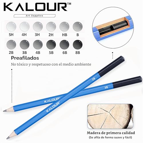 Miniatura 4 de Kalour - Juego De 33 Lápices De Dibujo Profesional Para Artistas Y Principiantes, Carbón, Boceto, Goma De Borrar, Palo De Carbón - Kit De Arte Y Suministros