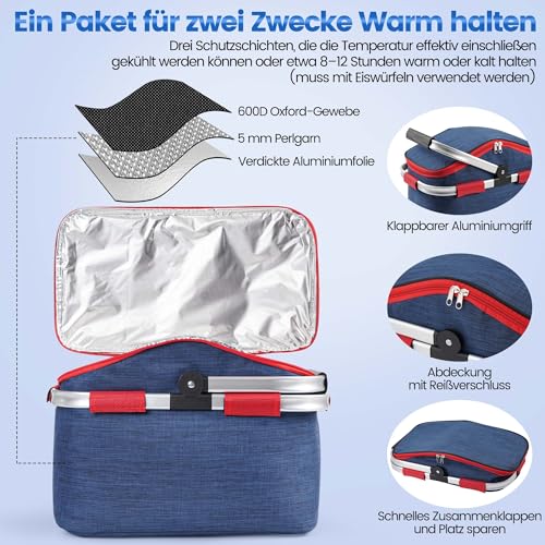 Faltbarer Einkaufskorb Kühltasche 27L - Ideal für den Wocheneinkauf mit gepolsterten Tragegriffen & Reißverschluss am Deckel, leicht klappbar & kompakt, 10kg belastbar, Faltkorb als Picknickkorb