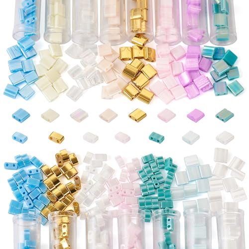 Pandahall 395Pcs Opaque Tila 2-Hole Glass Seed Beads Sets - Flat Rectangular Square Loose Spacer Beads 2 Sizes 15 Colors for Jewelry Making