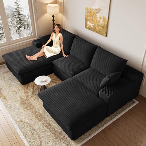 Image of 107 inch Cloud Couch Modular Sectional Sofa for Living Room, U-Shape Boneless Couch with Deep Seat, Modern Corduroy 3-Seater with Ottoman, No Assembly Required (Jet Black,Left-Facing Chaise)