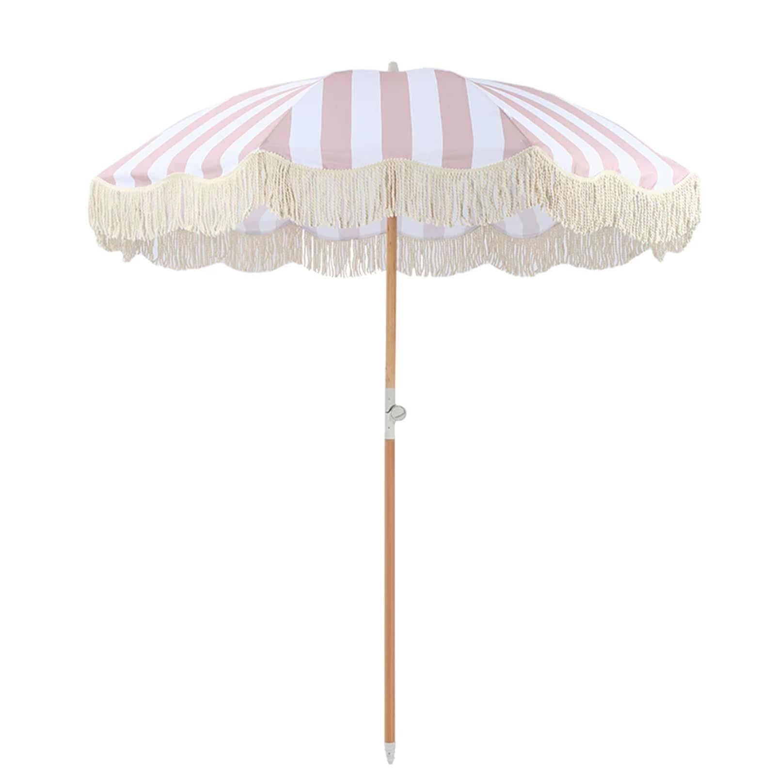 Boho Pasiasty Parasol Plażowy z Frędzlami, 200 cm Przenośny Parasol Tarasowy z Pochylanym Drewnianym Słupkiem do Basenu, Ogrodu, na Taras
