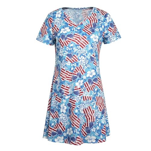 Image of LUKYCILD American Flag Dress Women 4th of July Patriotic Shirt USA Stars Stripes Dresses Sexy V- Neck Summer Sundress