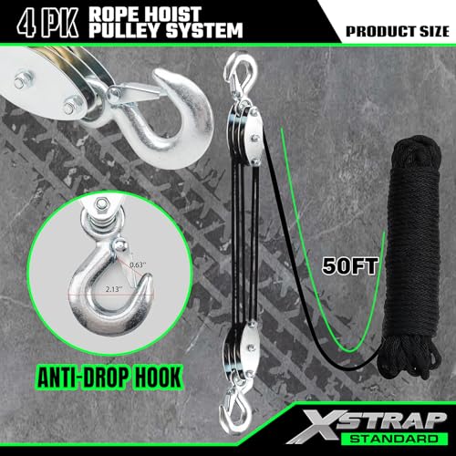 XSTRAP STANDARD Rope Hoist Pulley System, 1000LB Capacity Block and Tackle, 5:1 Lifting Power 50ft Heavy Duty Pulley Block for Hunting Lifting Heavy Objects with Anti-Slip Work Gloves, 2pcs Soft Loops
