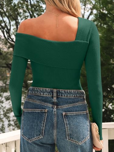 Image of LILLUSORY Womens Off the Shoulder Sweaters Going Out Fall Top | Flattering ribbed knit bodycon pullover for date night. Chic asymmetric neckline. Stretchy holiday party clubwear clothes