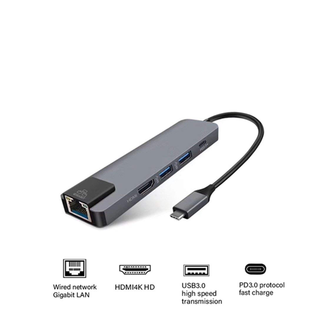 5 w 1 wielofunkcyjny hub USB typu C Hdmi 4K USB C hub do Gigabit Ethernet Rj45 Lan adapter 3 ładowarka USB-C; szary Candybarbar