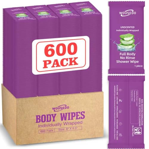 600 Pack Body Wipes Individually Wrapped(8 x 9.5) Shower Wipe for Adults Bathing No Rinse Personal Cleansing Wipes for Travel Gym Bulk Deodorant for Homeless