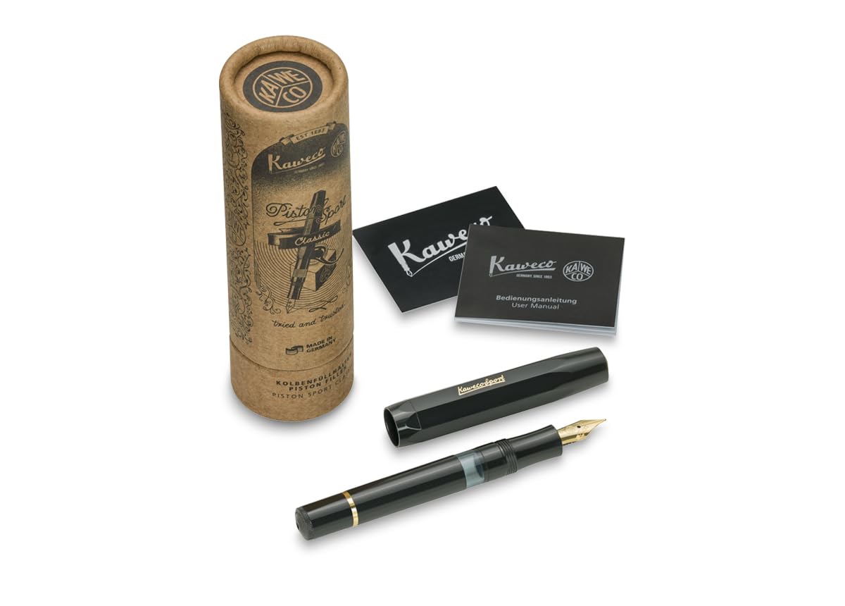 Kaweco PISTON SPORT CLASSIC Czarny/Złoty I Premiumowe plastikowe pióro wieczne z przezroczystym okienkiem na atrament w nostalgicznej skrzynce I Ekskluzywne pióro wieczne 13 cm I Końcówka: M (Średnia)