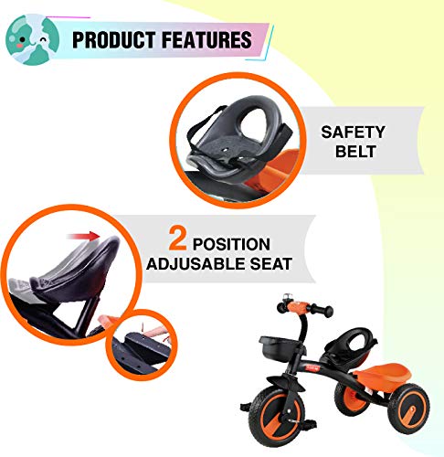 Image of Luvlap Joy Baby Cycle / Tricycle For Kids, 3 To 5 Yrs, Upto 25 Kg, Adjustable Safety Belt, Front & Rear Baskets, 2 Position Adjustment (Orange)
