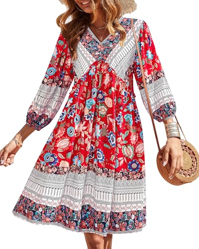Image of BTFBM Women Casual Spring Summer Dresses V Neck 3 /4 Long Sleeve Ruffle Floral Flowy Boho Babydoll Mini Short Beach Dress