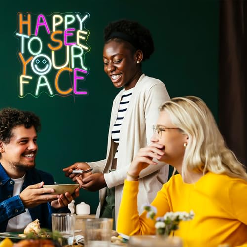 Image of Happy to See Your Face Neon Sign for Kindergarten - Dimmable Multicolor Welcome Light with Wired Controller, 14.2x12.6 in, Includes 4 Wall Anchors - Teacher Appreciation Gift