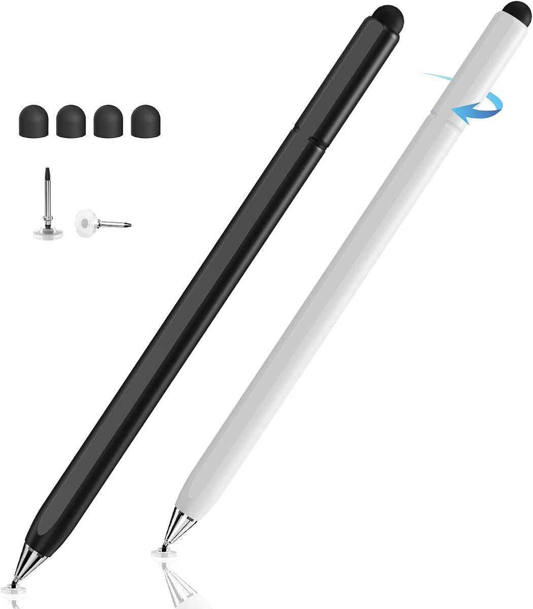 Stylus Pen for Touchscreen, 2-in-1 Magnetic Body & Rotate Stylists Pens | 2Pack, Rubber & Hidden Disc Tip, Fits for Apple/Nintendo Switch/iPhone/iPad Pro/Android/Tablets/Chromebook (Black & White)