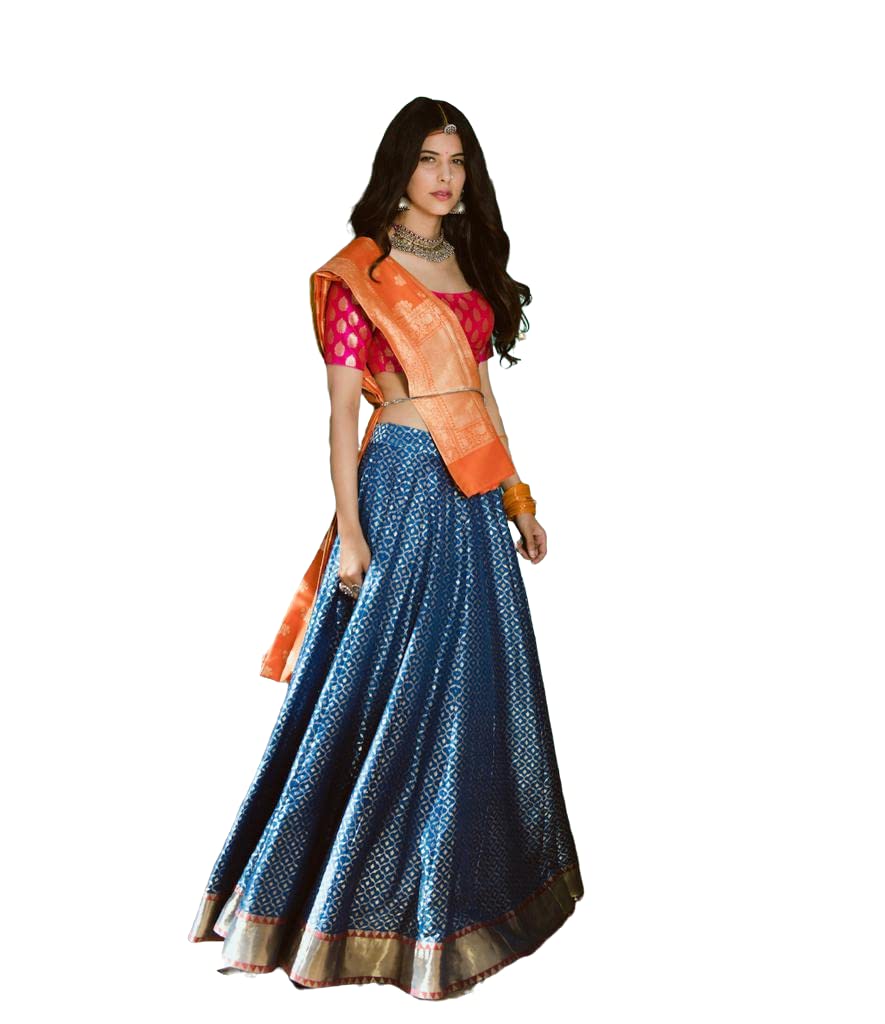 Gopi Enterprise Women's Banarasi silk Saree with Unstitched Blouse Piece (Blue & Orange)