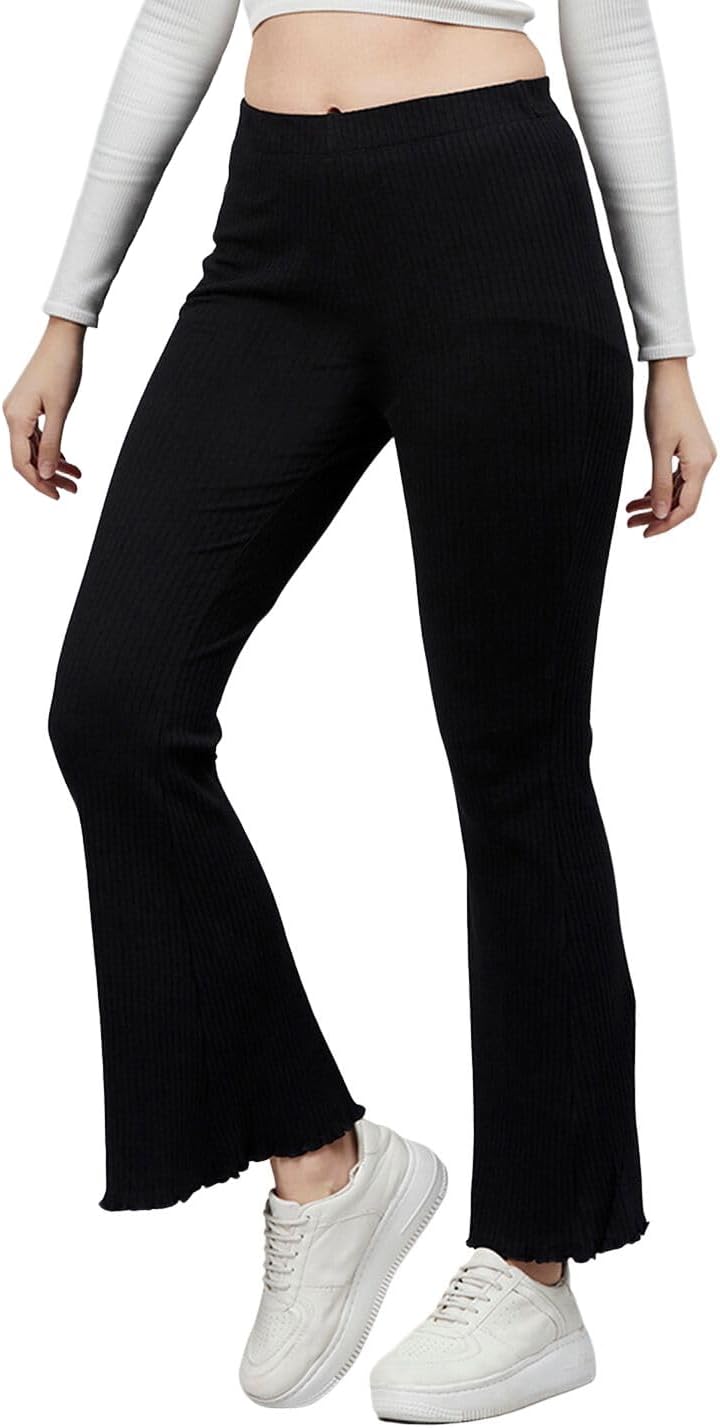 BLINKINRibbed Stretchable Flared Pants for Women | Boot Cut Bell Bottom Pants for Women - Ideal for Yoga & Gym Wear, Casual Wear & Office Wear Trousers for Women