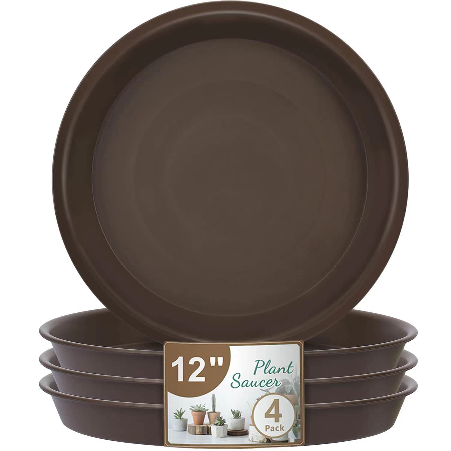 Photo 1 of *3PIECES* JOYSEUS Plant Saucer - 12 inch - 4 Pack Durable Plastic Plant Tray for Plant Pots, Thick Plant Saucer for Indoor & Outdoor Plants. (Brown)