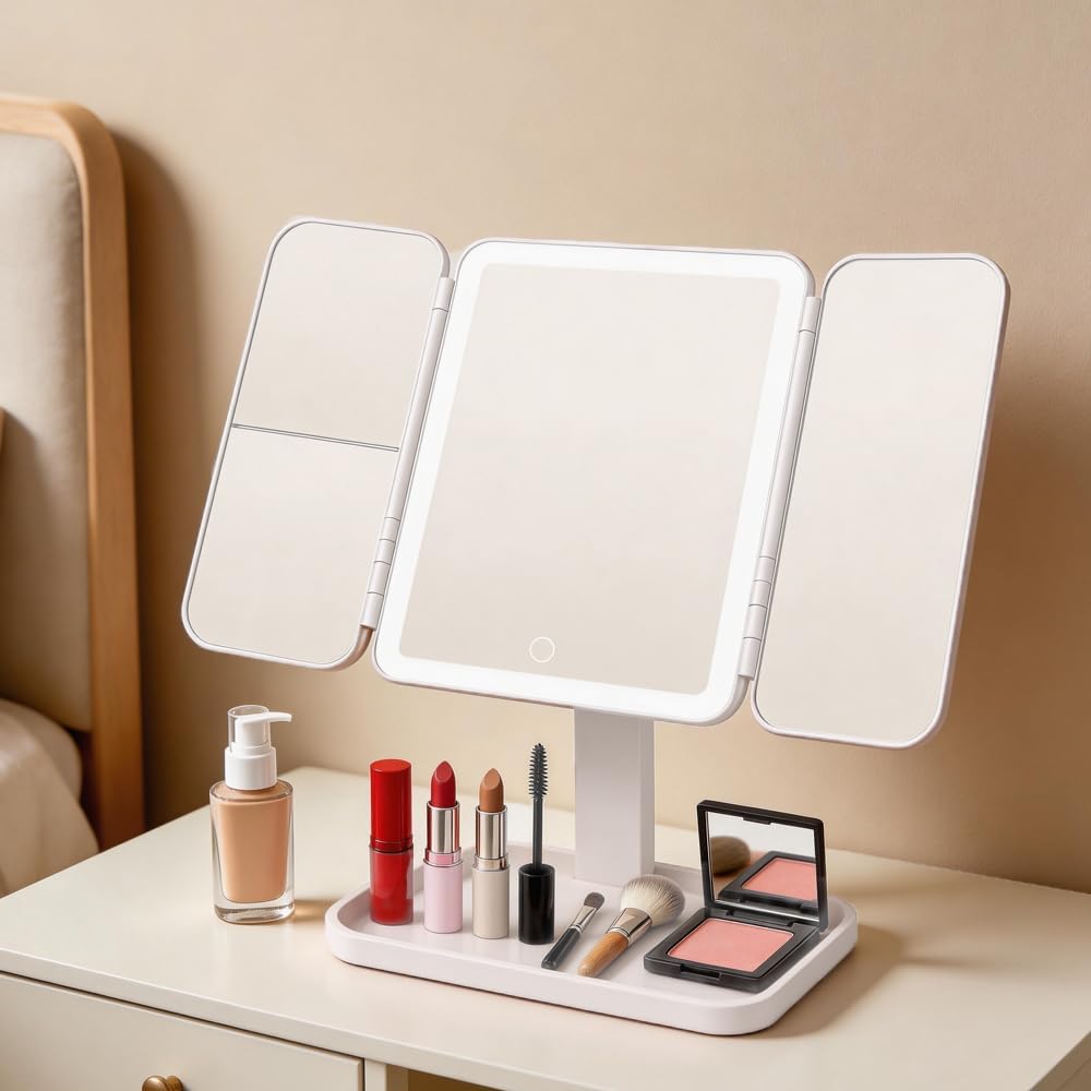 Vanity Mirror with Lights, Makeup Mirror with Magnification, Type-C Charging, 3-Color Stepless Dimming LED, Height Adjustable & Swivel, for Home, Travel, Gift