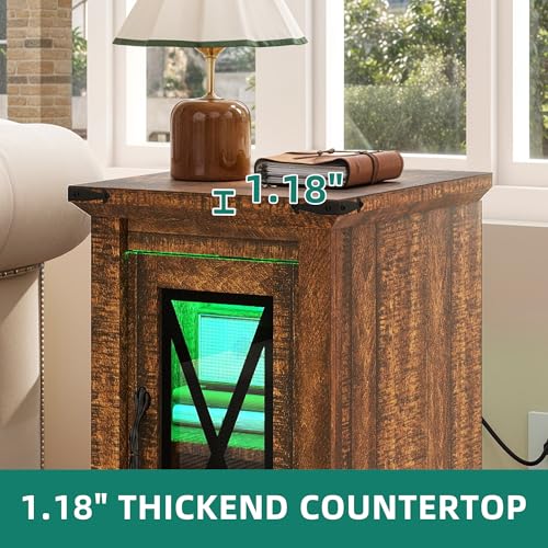 DWVO Farmhouse Nightstand with USB Charging Station & LED Lights, Adjustable Storage Bedside Table for Bedroom/Living Room, Brown