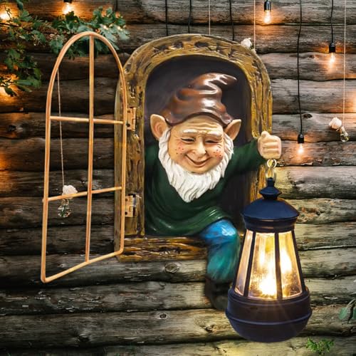 Reyiso Gnomes Statue with Solar Lights Spring Decorations Whimsical Fairy Garden-10 Inch Elf Outdoor Tree Hugger Garden Statues- Tree Face Sculpture, Yard Art for Patio,Fence,Lawn,Wall Gnomes Ornament
