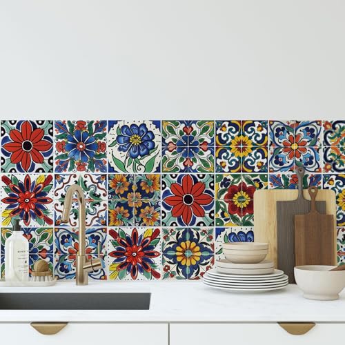 30 Stück Mediterrane Fliesenaufkleber 10x10 cm – Selbstklebende Fliesen Küche & Bad – Wasserfeste Vinyl Klebefliesen Mosaik – Peel and Stick Wandfliesen Deko – Küchenrückwand, Badfliesen & Möbel