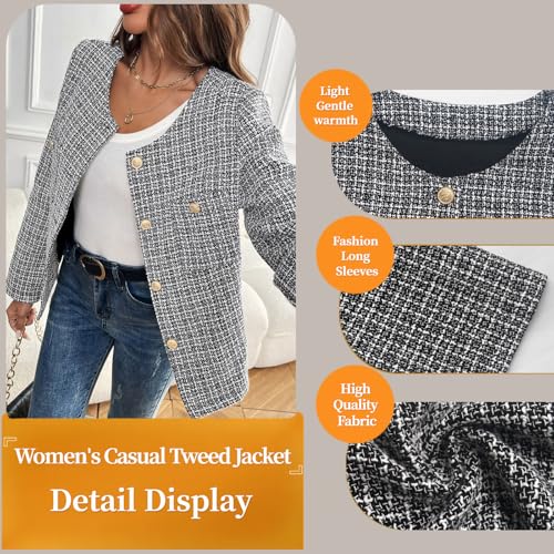 Women's Tweed Blazer, Long Sleeve Round Neck, Business Casual Coat4