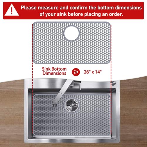 Bestjing Silicone Sink Protectors for Kitchen Sink with Rear Drain - 26"x 14" Kitchen Protector Accessory, Non-Slip Heat Resistant Grid Mat for Bottom of Farmhous Peorcelain Stainless Steel(Rear Hole)