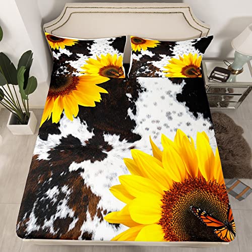 Castle Fairy Cow Fur Print Bed Sheet Set Full, Cowhide And Sunflower Floral Bedding Set, Kids Teen Adult Fashion Farmhouse Sheets 4 Pcs (1 Flat Sheet 1 Fitted Sheet 2 Pillowcases) Multicolor #TOP2