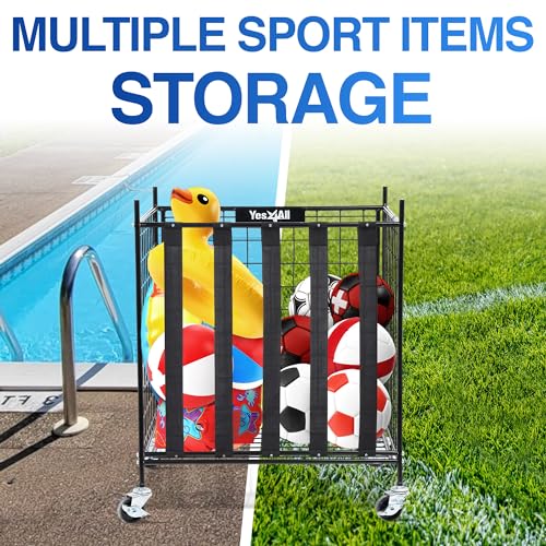 YES4ALL-Rolling-Ball-Cart-Storage-with-Lockable-Wheels-Volleyball-Basketball-Holder-Toy-Balls-Bin-Garage-Cage-Storage-Racks-Sports-Equipment-Organizer-Ball-Rack-for-Outdoor-Indoor-Use
