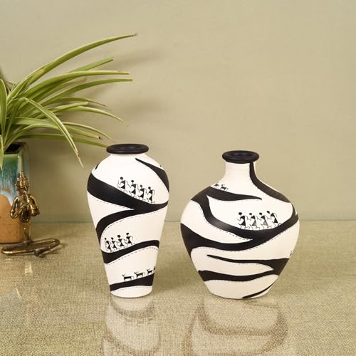 Image of Aakriti Art Creations Warli Fusion Terracotta Vases Set of 2 | Handmade Tribal Flower Vase for Living Room Decor | Decorative Vases for Table Decoration Items, Shelf Decor & Housewarming Gifts