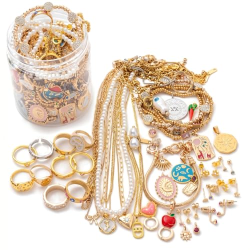 Tarro de joyería de oro con 35 piezas surtidas de collares pulseras y anillos para mujer