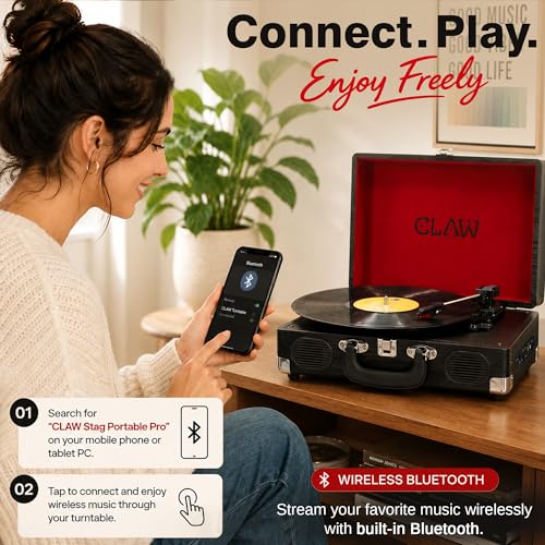 Image of CLAW Stag Portable Pro Bluetooth Turntable | 2x5W Speakers | Jet Black