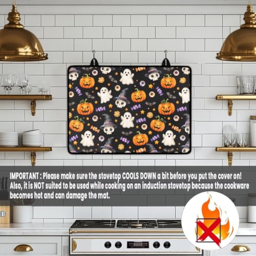 Image of Electric Stove Top Covers Heat Resistant Glass Ceramic Cooktop Cover Mat, Halloween 2026 Kitchen Decor Scratch Resistant Flat Top Stove Cover, 29 x 21 Inch, Ghost Pumpkin Skull Candy Print